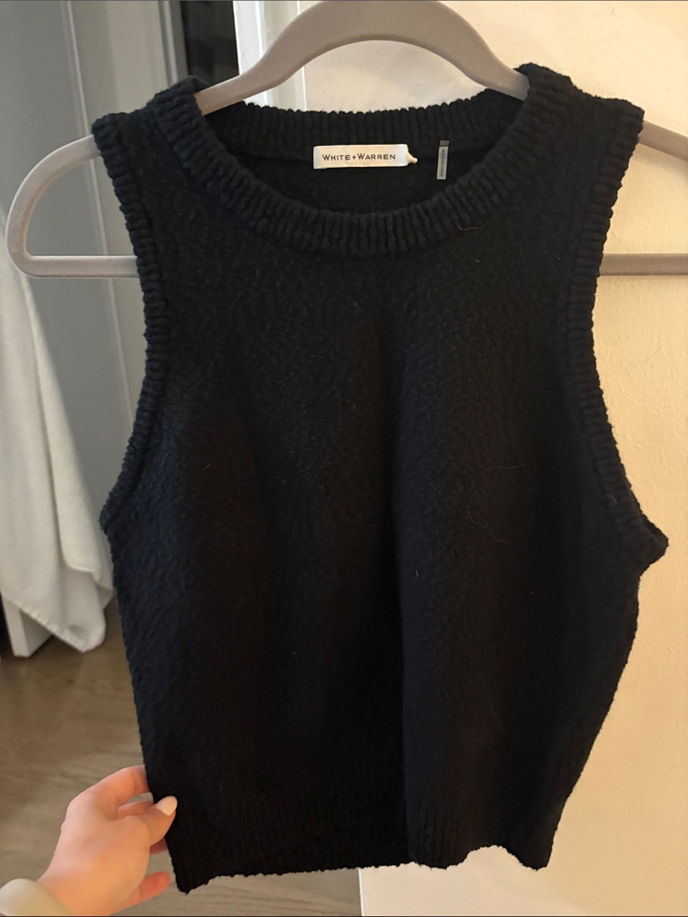 White + Warren Black Sleeveless Crewneck Knit Vest